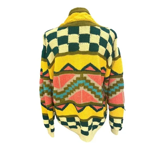 Vintage Handknit Chunky Knit Like Coogi Cardigan Sweater L Cotton Multicolor - Picture 2 of 9